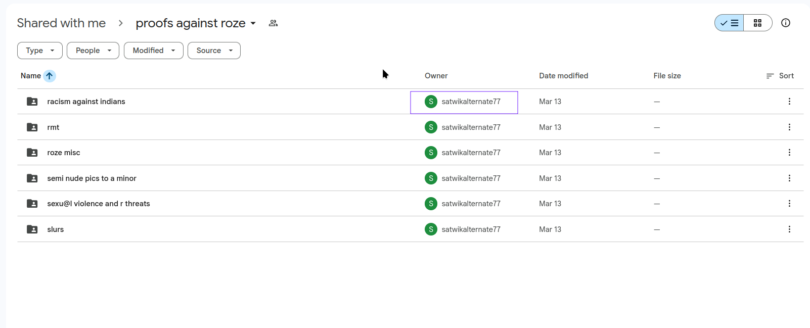 Google Drive folder showing satwikalternate77 as owner
