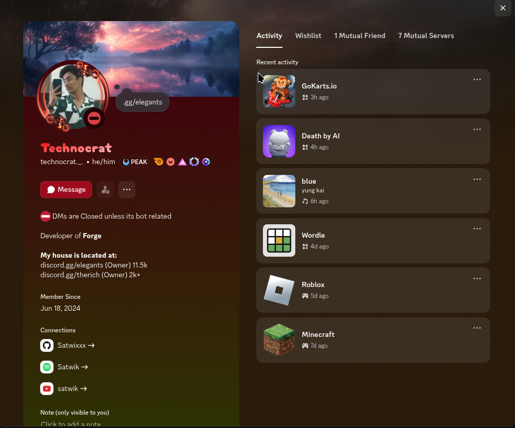 Technocrat Discord profile showing Satwik connections